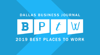 Blue graphic with text: Dallas Business Journal BPTW 2019 Best Places to Work in white on a blue background with diagonal stripes.
