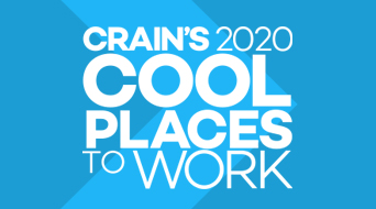 Blue background with the text CRAINS 2020 COOL PLACES TO WORK in bold white letters. Diagonal light blue stripes cross the background.