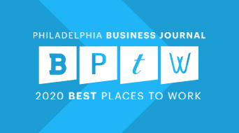 Blue graphic displaying Philadelphia Business Journal and 2020 Best Places to Work with the abbreviation BPTW in white text on stylized block shapes.