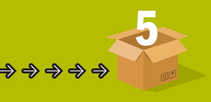 An open cardboard box with the number 5 emerging from it. On the left, a series of black arrows points toward the box, all set against a light green background.