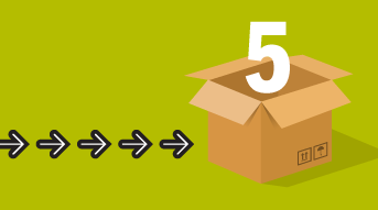 An open cardboard box with the number 5 emerging from it, symbolizing a small-business-shipping-hub. Black arrows point towards the box from the left on a green background, highlighting its significance. The box features handling symbols like a fragile icon and an umbrella.