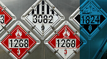 Five hazard placards on a metallic background display numbers and symbols, including flames and stripes. The placards are primarily red and white, with one blue-tinted on the right.
