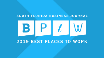 Blue graphic with white text: South Florida Business Journal BPTW 2019 Best Places to Work. Letters B, P, T, W appear in individual white boxes.