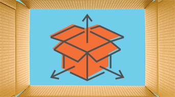 Illustration of an open orange box with black arrows pointing outward from it, placed against a blue background. The scene is framed by the inside edges of a larger cardboard box, suggesting an out of the box concept.