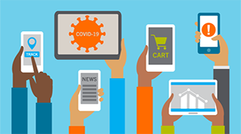 Illustration of diverse hands holding mobile devices displaying various apps: tracking, COVID-19 alert, shopping cart, warning, news, and financial graphs, against a blue background.