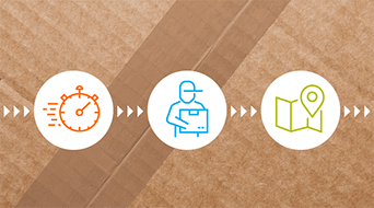A cardboard background features three white circles with icons: a red stopwatch for speed, a blue delivery person holding a package symbolizing the small-business-shipping-hub, and a green map with a location pin, all connected by gray arrows.