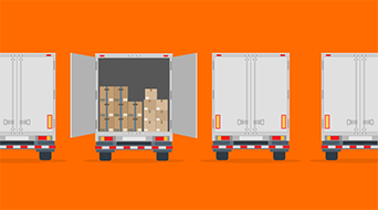 Illustration of four delivery trucks on an orange background, depicting a small-business-shipping-hub. The second truck from the left has open back doors showing stacked cardboard boxes, while the others have closed doors.