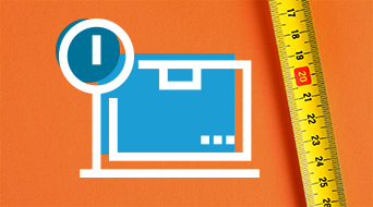 A blue delivery box icon with a circular information symbol on a bright orange background. A yellow measuring tape with black and red markings is positioned vertically on the right side of the image.