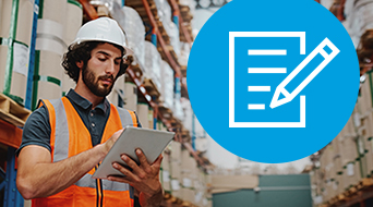 A worker wearing an orange safety vest and a white hard hat looks at a tablet in a warehouse. Shelves filled with goods surround him. A large blue circle with an icon of a paper and pencil is overlaid on the right side.