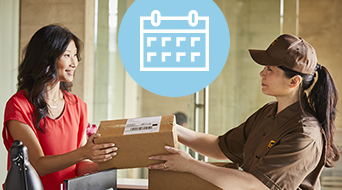 A delivery person in a brown uniform hands a package to a woman in a red shirt inside an office. A calendar icon is superimposed in the upper part of the image.