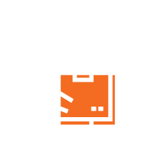 Outline of a person wearing a cap, holding an orange box. The design is simple and minimalist, using white lines on a transparent background.