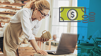 A woman in an apron holds a cup and looks at a laptop, smiling. Behind her, shelves filled with pottery hint at her thriving small-business-shipping-hub. An illustration of money and coins is overlaid on the image, symbolizing successful endeavors.