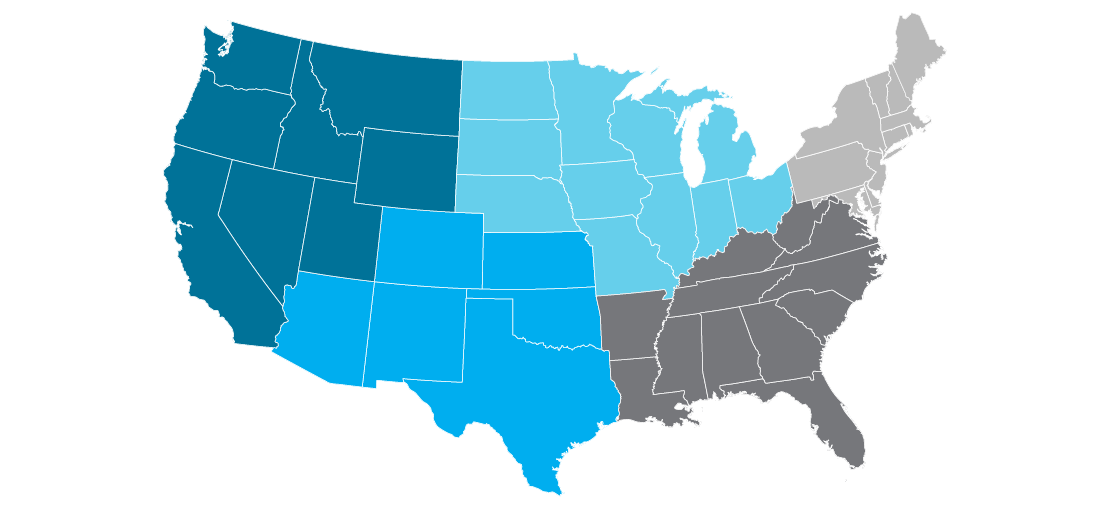 Map of the United States with varying shades of blue indicating different regions in the western states, gray for eastern states, and two states in dark gray. This Freight Carriers Map suggests different categorizations or groupings across these areas.