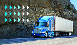 A blue semi-truck with a white trailer navigates the road beside a rocky cliff, symbolizing the journey to a small-business-shipping-hub. Blue and white triangular shapes are overlaid on the left side of the image.