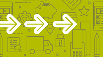 Three white arrows pointing right on a green background, featuring icons of a piggy bank, gear, truck, lock, pencil, and smartphone—perfect for illustrating a small-business-shipping-hub.