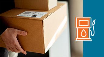 A person holding two stacked cardboard boxes represents a bustling small-business-shipping-hub. On the right, an orange icon of a fuel pump pops against a teal background, adding a splash of color to the vibrant scene.