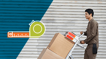 A delivery person in a brown uniform pushes a dolly with large cardboard boxes in front of a striped background. On the left side, a green measuring tape graphic hints at the precision of a small-business shipping hub.