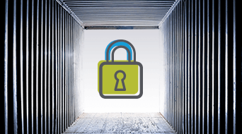 A graphic of a shipping container featuring a large padlock illustration in the center, symbolizing security for holiday shipping. The containers interior is lined with metal, while light pours in from the open end, creating a sense of safeguarded journeys.