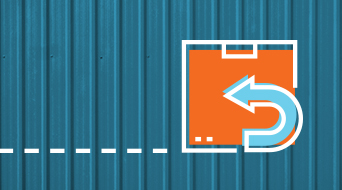 A blue corrugated metal background with an illustration of an orange square box featuring a light blue U-shaped arrow inside, positioned on the right side. A dashed white line runs horizontally across the image.