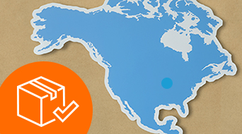 Image of a stylized blue map of North America on a brown background. An orange circle with a white box icon and a checkmark is in the bottom left, partly overlapping the map. A small blue dot appears on the map near central USA.