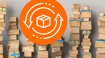 Stacks of cardboard boxes are arranged variously against a wall, embodying the essence of a small-business-shipping-hub. An orange circle with a white icon of a box and circular arrows is overlaid, symbolizing recycling or logistics.