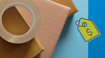 A roll of packing tape atop two cardboard boxes signifies cost-effective shipping. A blue background with a yellow price tag icon featuring a dollar sign graces the right side, underscoring low shipping costs.