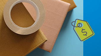 Brown packaging tape and two brown-wrapped parcels are arranged on a blue background, evoking the bustling vibes of a small-business-shipping-hub. A green price tag icon with a dollar sign sits in the corner, symbolizing value and efficiency.
