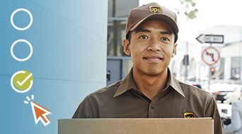 A UPS delivery person in a brown uniform and cap stands outside a small-business-shipping-hub, holding a package. A blue wall and street signs are in the background. Three circles and an orange cursor are on the left side of the image.