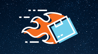 Icon of a blue delivery box with horizontal motion lines and orange flames, suggesting fast delivery. The background is a dark, starry sky.