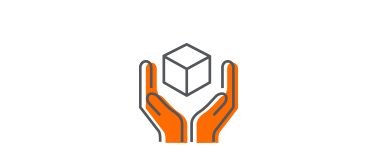 Illustration of two orange hands, reminiscent of UPS Shipping Service efficiency, holding a black 3D cube. The hands are open and symmetrically positioned, with the cube floating gracefully between them against a pristine white background.