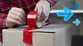 Person in a red plaid shirt sealing a cardboard box with red tape. Blue arrows are superimposed on the image, pointing to the right.