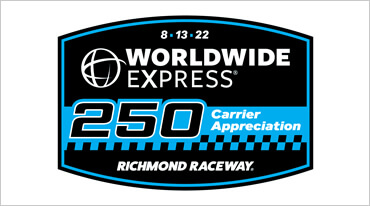 Logo for the Worldwide Express 250 Carrier Appreciation event at Richmond Raceway, dated 8-13-22. It features bold text in black, blue, and white with checkered patterns.