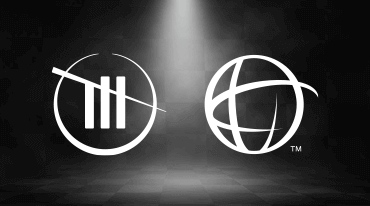Two white logos on a dark, foggy background. The left logo shows a circle with three vertical lines and a diagonal slash. The right logo is an abstract globe with curved lines. Both are illuminated by a spotlight from above.