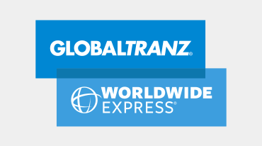 Blue and white logo featuring GlobalTranz in bold uppercase letters on a dark blue rectangle and Worldwide Express with a globe icon on a lighter blue rectangle beneath it.