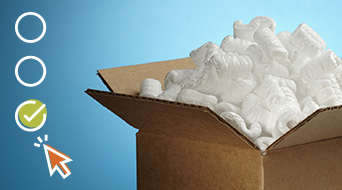 An open cardboard box filled with white packing peanuts against a blue background. To the left, there are three circles, with the middle one checked, and a mouse pointer icon.
