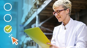 A person with short blond hair and glasses is wearing a lab coat and looking at a yellow folder. On the left, there are circles with a check mark and a cursor icon. Shelves in the background suggest an industrial or scientific setting.