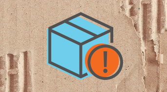 Illustration of a blue cube with a brown outline, resembling a package, with an orange circle featuring an exclamation mark. The background is a textured cardboard surface with visible ridges.