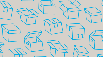 Pattern of various open and closed cardboard boxes outlined in blue on a white background. The boxes are arranged in a random orientation, depicting a variety of perspectives.
