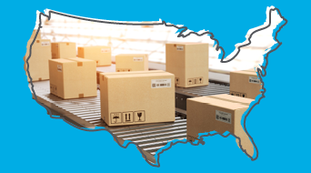 Cardboard boxes on a conveyor belt shaped like a map of the United States, set against a blue background, symbolize a bustling small-business-shipping-hub.