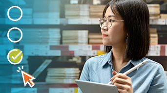 A person wearing glasses holds a tablet and stylus, gazing thoughtfully to the side. Shelves with books or files fill the background, suggesting strategic planning akin to freight carriers. Circular icons and a mouse pointer are overlaid on the left side of the image.