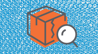 Illustration of an orange box with a crack, over a blue bubble wrap background, and a magnifying glass examining the box.
