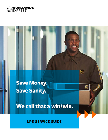 A UPS delivery person stands smiling, holding a package. The text on the image reads, Save Money. Save Sanity. We call that a win/win. The image is part of the UPS Service Guide by Worldwide Express.