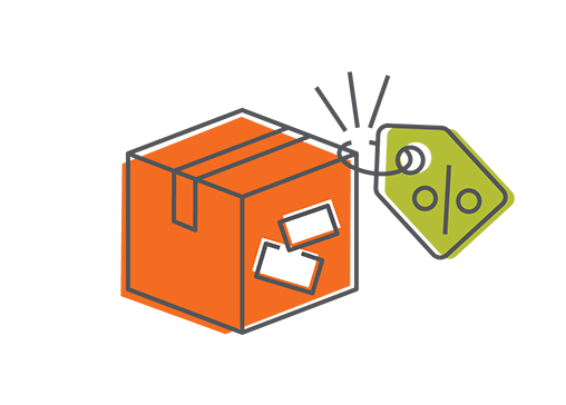 Illustration of an orange box labeled for ecommerce, accompanied by a green price tag with a percentage symbol, suggesting a discount or sale.