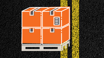 Illustration of four orange boxes with white outlines stacked on a gray pallet, positioned on a textured black surface with two adjacent yellow lines, capturing the essence of a small-business-shipping-hub.