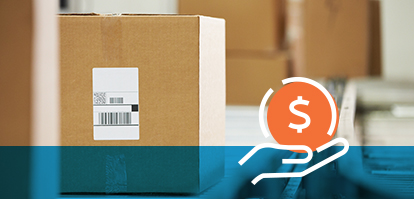 A brown cardboard box on a conveyor belt with a shipping label. In the foreground, there is a graphic of a hand holding a coin with a dollar sign.