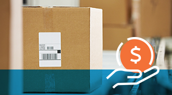 A brown cardboard box with a shipping label sits on a conveyor belt, ready for UPS Pickup. Overlaid on the image is an icon of an orange coin with a dollar sign above an open hand, symbolizing financial transactions or savings.