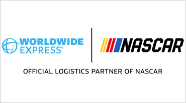 Logos for Worldwide Express on the left and NASCAR on the right, separated by a vertical line. Below, text reads Official Logistics Partner of NASCAR on a white background.