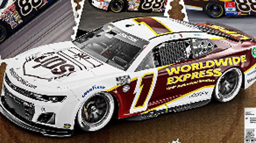 A NASCAR race car with the number 1 on its roof and door showcases a bold red, yellow, and white livery. Worldwide Express adorns the sides among various logos and decals. Its sleek aerodynamic design is complemented by high-performance racing tires, ready to speed across the track.