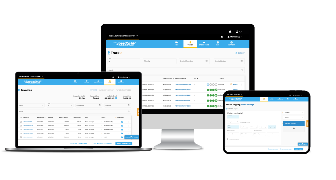 A laptop, desktop, and tablet showcase the SpeedShip logistics and shipping management software interface, featuring options for invoices, tracking, and order management. The screens present data tables and navigation menus in a sleek blue and white theme.