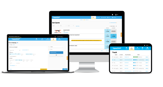 A desktop computer, laptop, and tablet display the SpeedShip logistics software interface. The screens show options for getting a quote, shipment summary, and tracking a package. The interface features a blue and white color scheme with orange highlights.